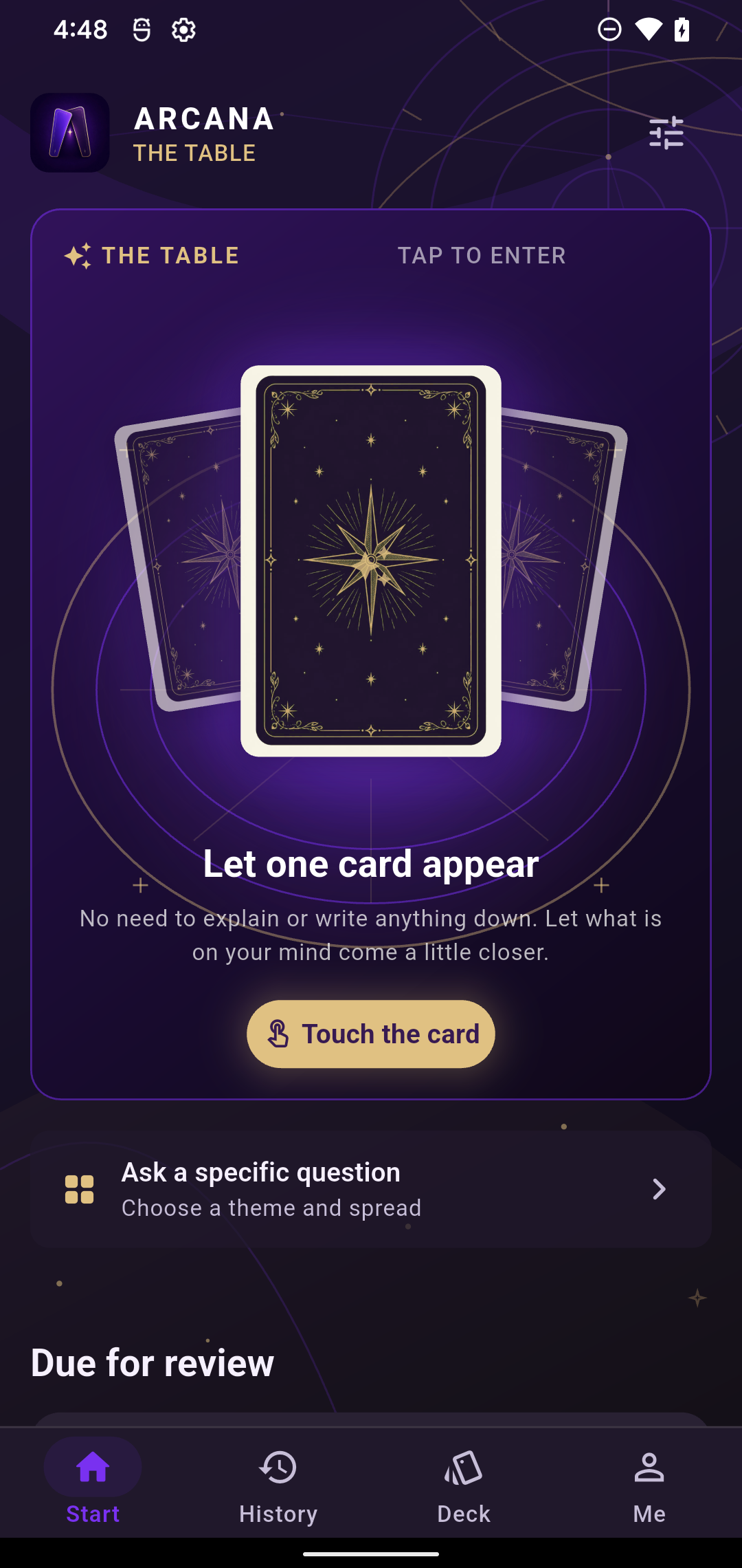 Arcana home screen with a violet tarot table